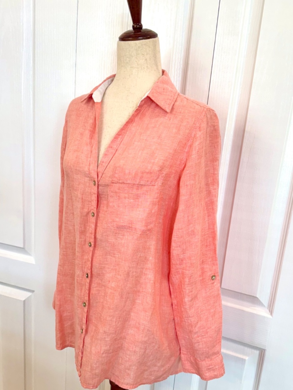 Sigrid Olsen, Women's 100% Linen Button Up Shirt, Coral, Long Roll-Tab Sleeve